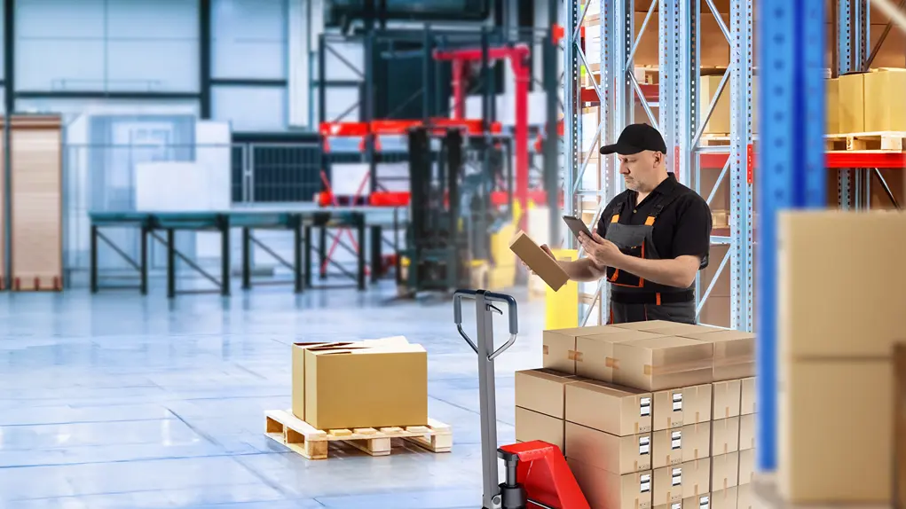 Man storekeeper. Fulfillment center specialist. Large distribution warehouse. High storage racks in hangar. Male storekeeper with electronic tablet. Warehouse business. Guy contractor storage